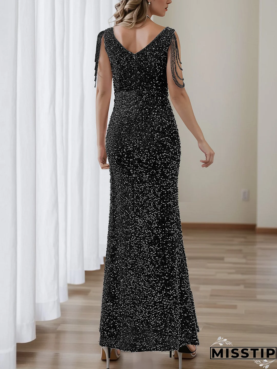 Chic Split Formal Party Long Sequin Evening Dress