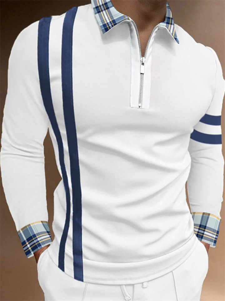 Men's Collar Polo Shirt Golf Shirt Letter Graphic Prints Standing Collar Blue White Outdoor Work Long Sleeve Patchwork Braided Clothing Apparel Cotton Sports Fashion Business Retro / Club / Beach