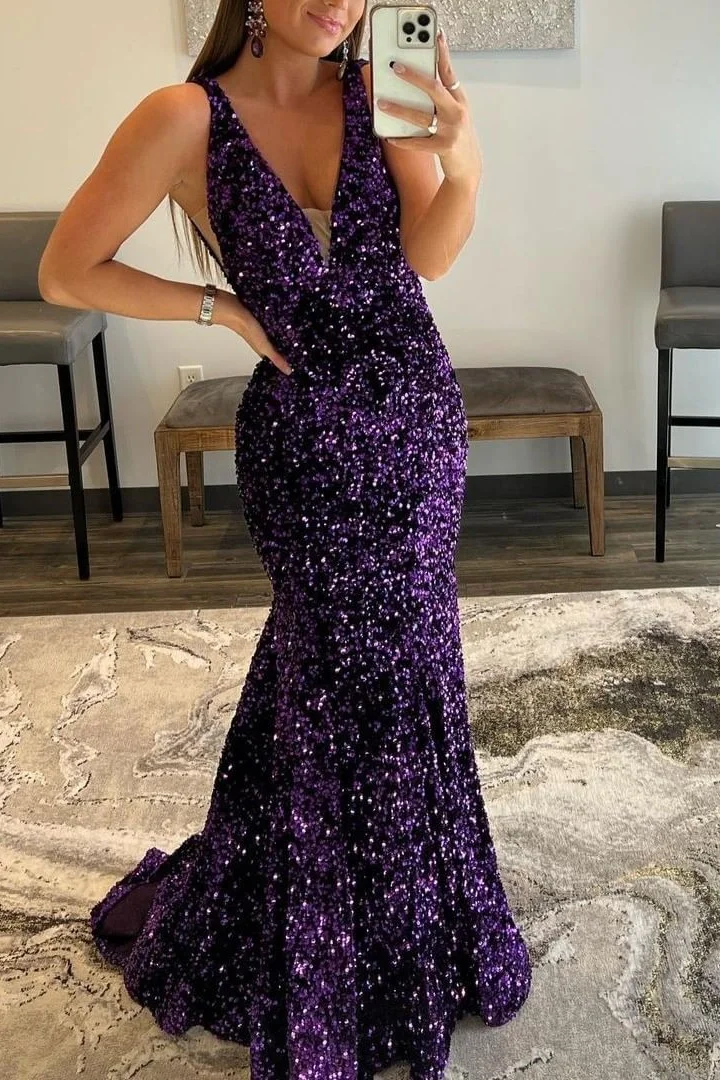 Daisda V-Neck Purple Long Mermaid Prom Dress With Sequins