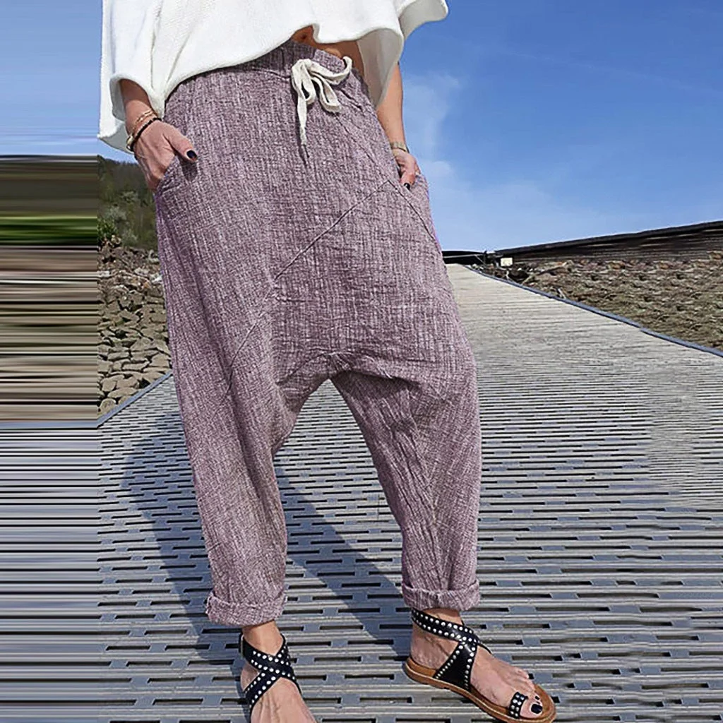 Women's Lace-up Cotton And Linen Wide-leg Elastic Trousers