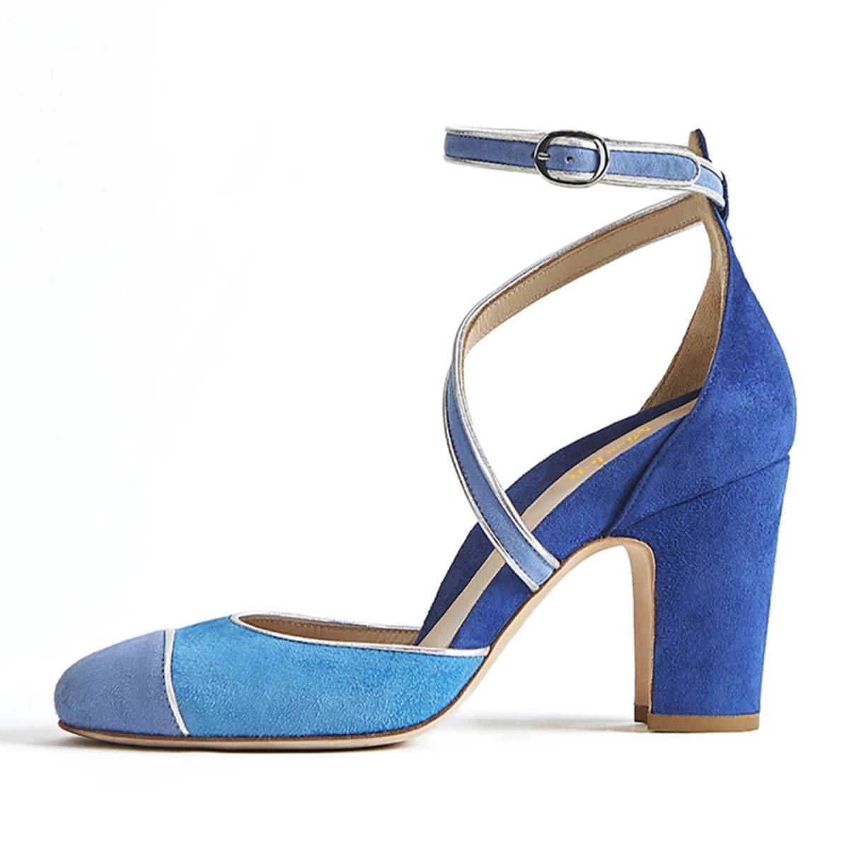Women's Blue Faux Suede Round Toe Buckle Ankle Strap Pumps Heels Nicepairs