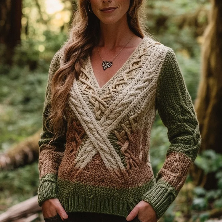Vintage Gradient Celtic Knot Chunky V-neck Irish Aran Sweater
