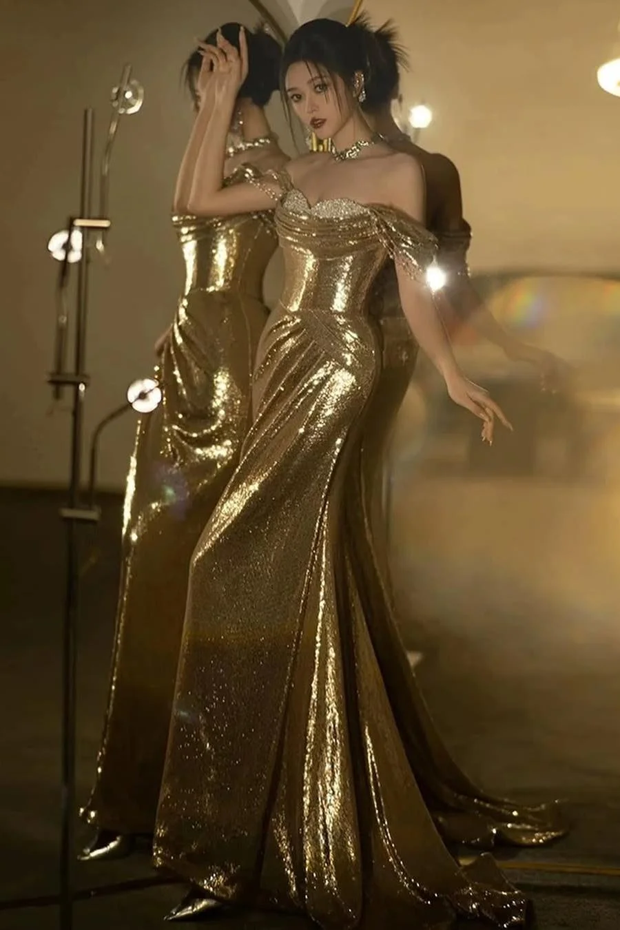 Miabel Amazing Gold Strapless Off the Shoulder Long Pleated Prom Dress with Beadings 