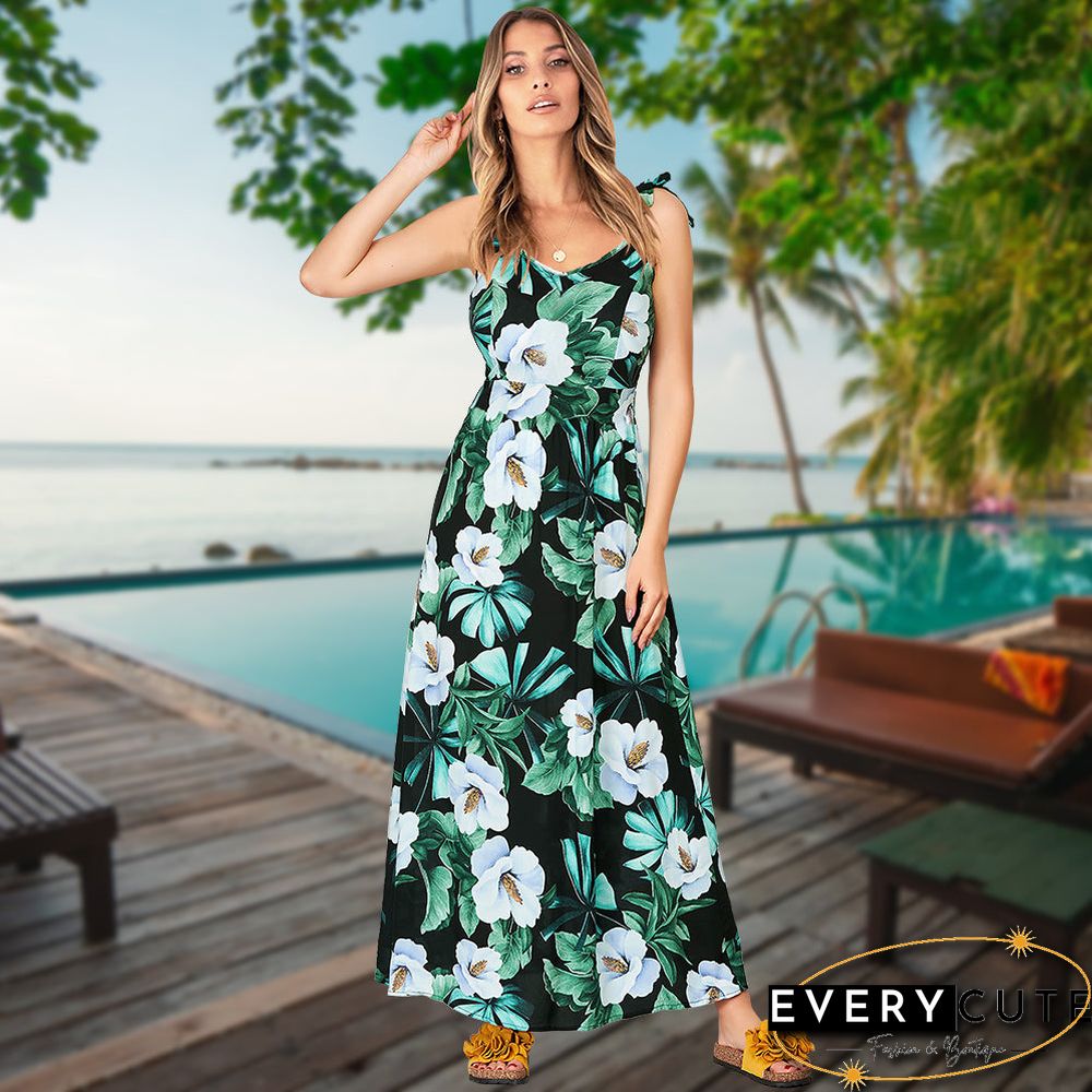 Adjustable Spaghetti Strap Floral V Neck Maxi Dress