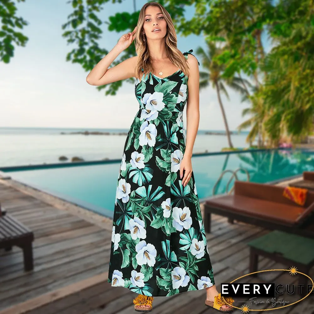 Adjustable Spaghetti Strap Floral V Neck Maxi Dress