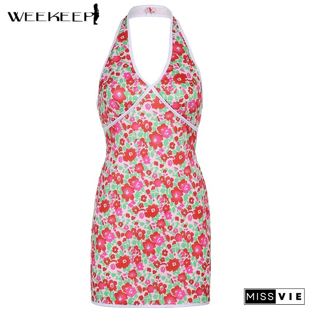 Weekeep Vintage Floral Print Prom Pink Dress Women Sleeveless Halter Mini Wrap Dress Summer New Aesthetic Backless 90s Sundress