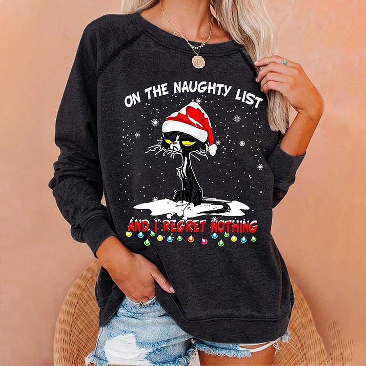 Vefave Christmas Cat Print Crew Neck Casual Sweatshirt