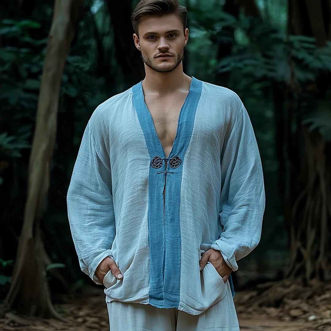 Men's Holiday Contrast Loose V-Neck Linen Shirt-inspireuse