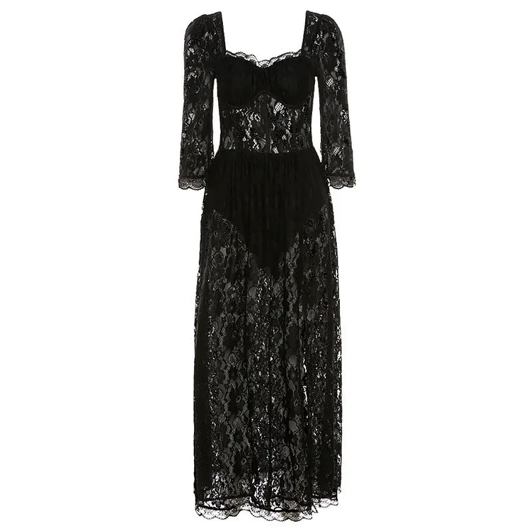 Music Festivals Rave Outfits Dress Summer See-through Lace Sexy Slit Slim Dress for Women