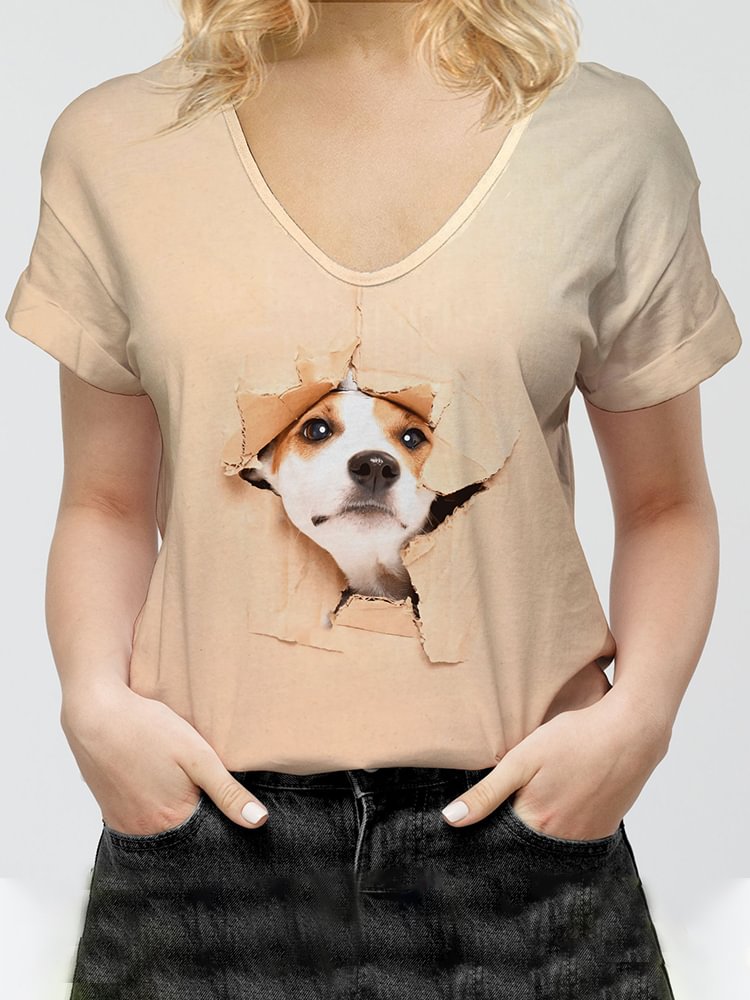 Artwishers Cute Dog Printed V-Neck Casual Tee