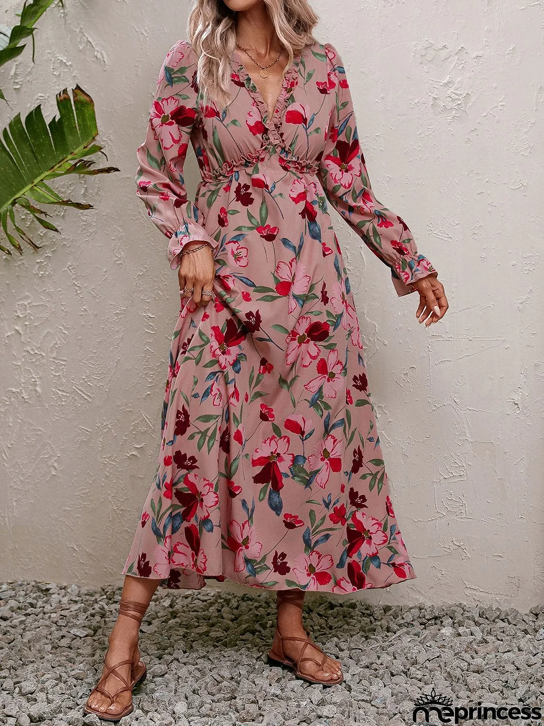 Floral Frill Trim V-Neck Maxi Dress