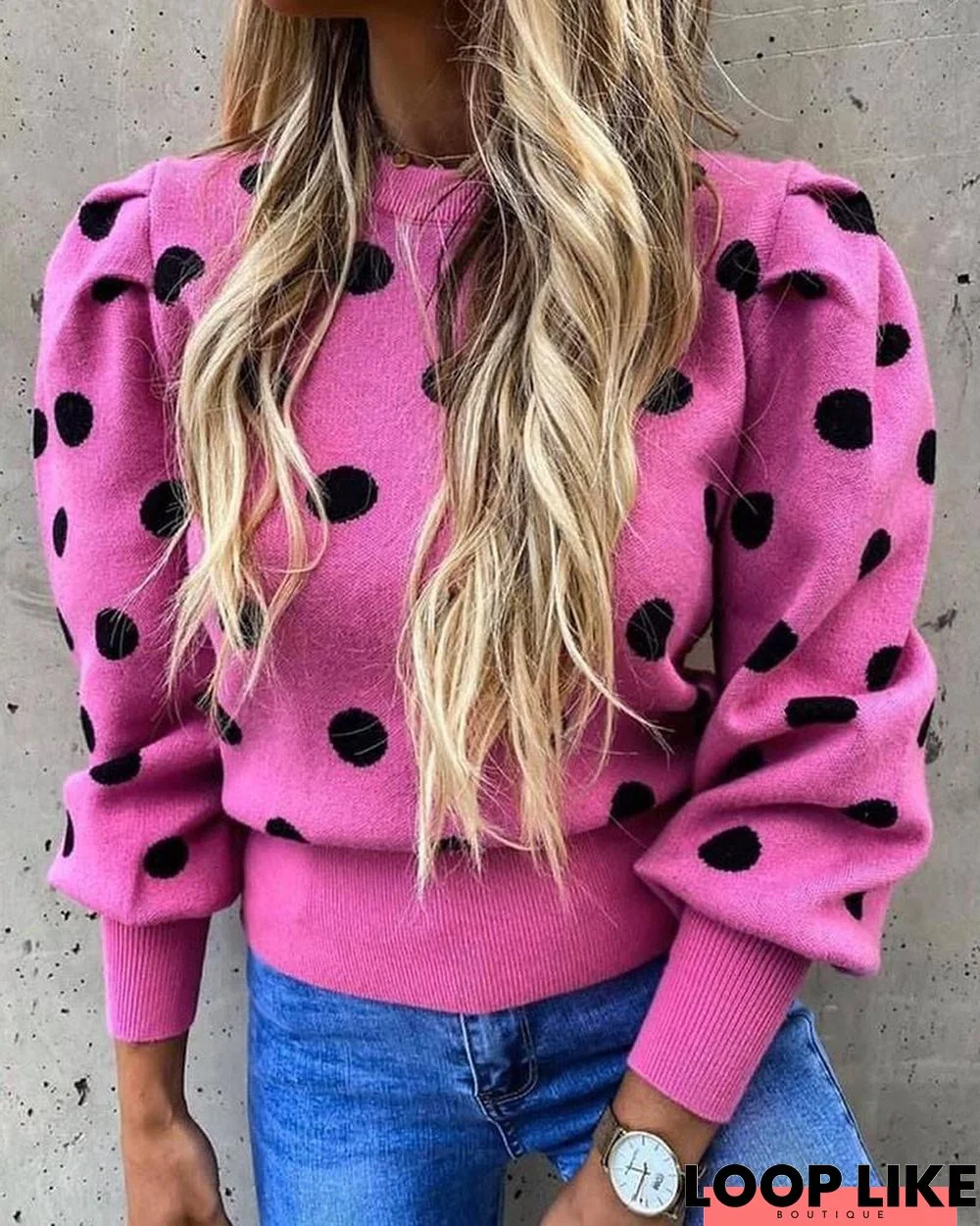 Polka Dot Print Lantern Sleeve Sweater