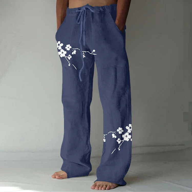 Retro Floral Japanese Art Linen Blend Casual Pants