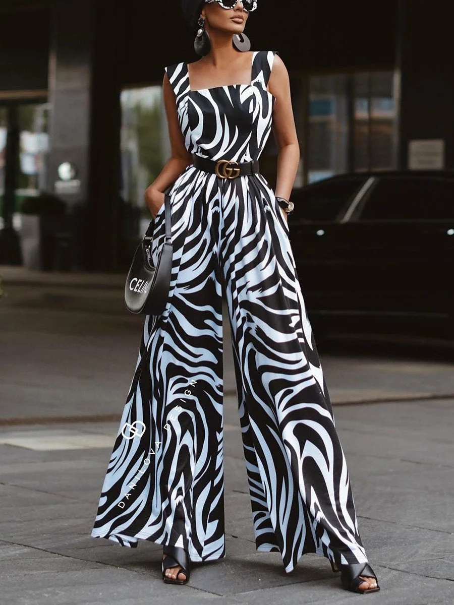 Stylish zebra print wide-leg jumpsuit