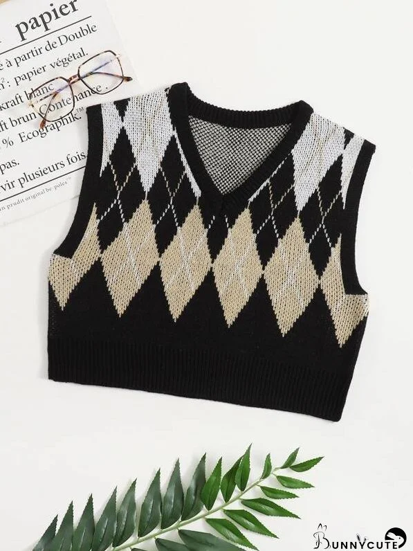 Argyle Pattern Crop Sweater Vest for Women