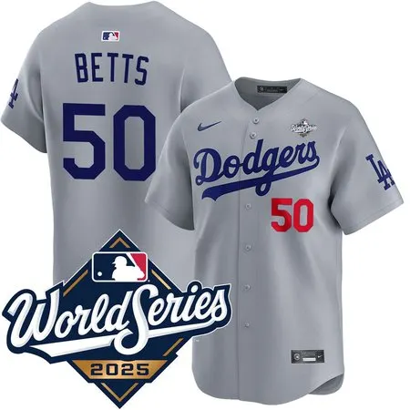 Men's Los Angeles Dodgers #50 Mookie Betts  Gray 2025 World Series Home Limited Jersey