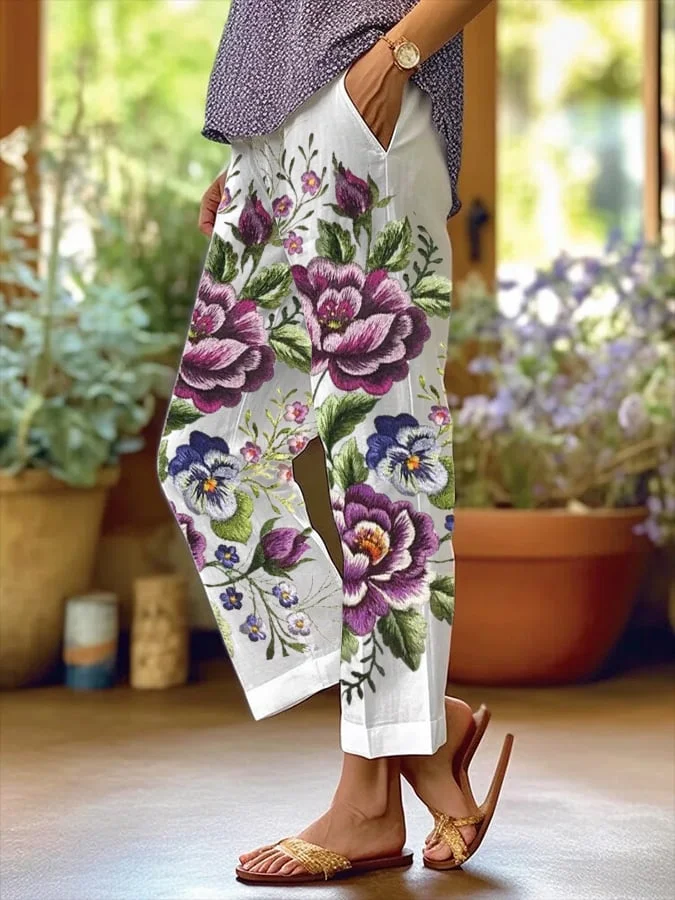 Women's Art Floral Loose  Pockets Casual Pants