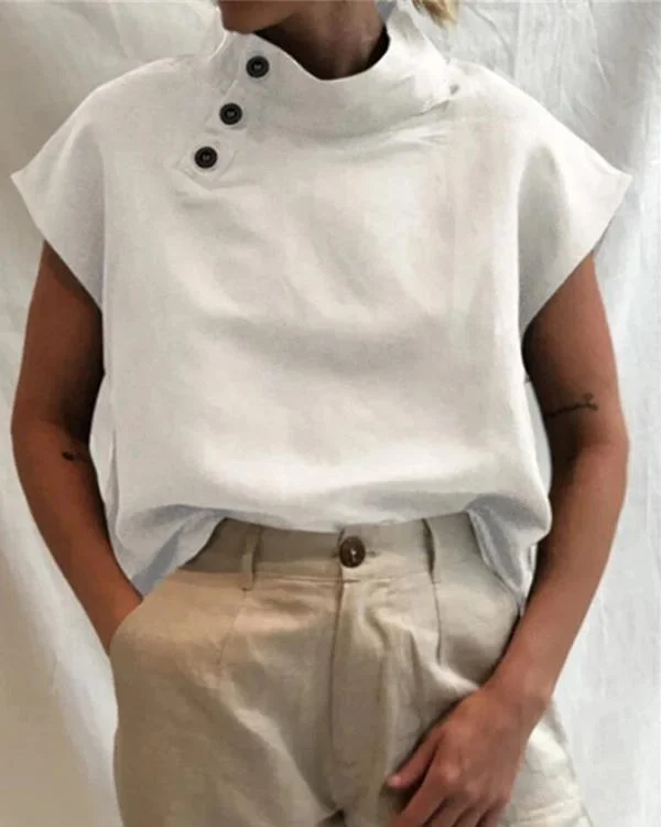 Women Solid Color Button High Collar Short Sleeve Shirts