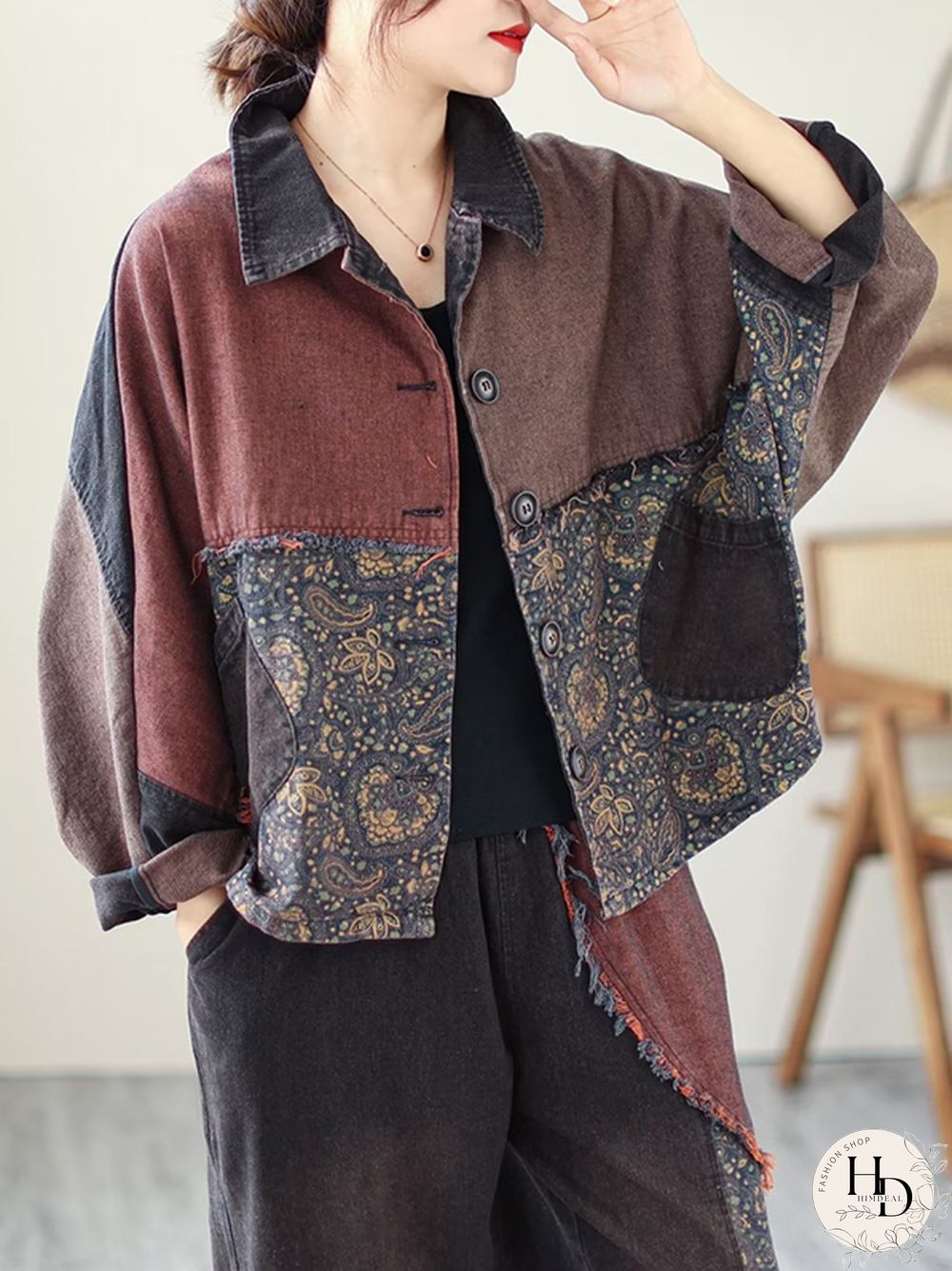 Contrast Color Fringed Split-Joint Long Sleeves Printed Outwear Harem Pants Two Pieces Set