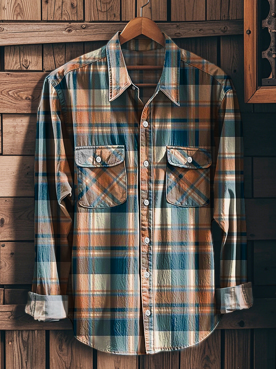 Men's Vintage Western Plaid Lapel Workwear Pocket Long Sleeve Shirt