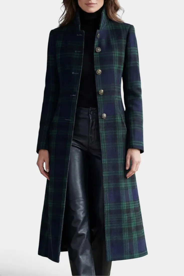 Classic Mid-Length Plaid Coat with Stand Collar