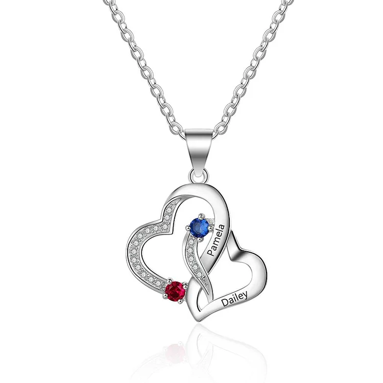 Birthstone Heart Necklace 2 Stones Engraved 2 Names Personalized Mother Necklace Gift For Her