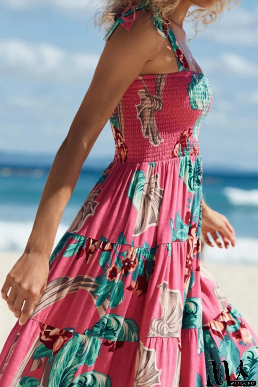 MidiSono - Floral Smocked Tie-Shoulder Tiered Dress