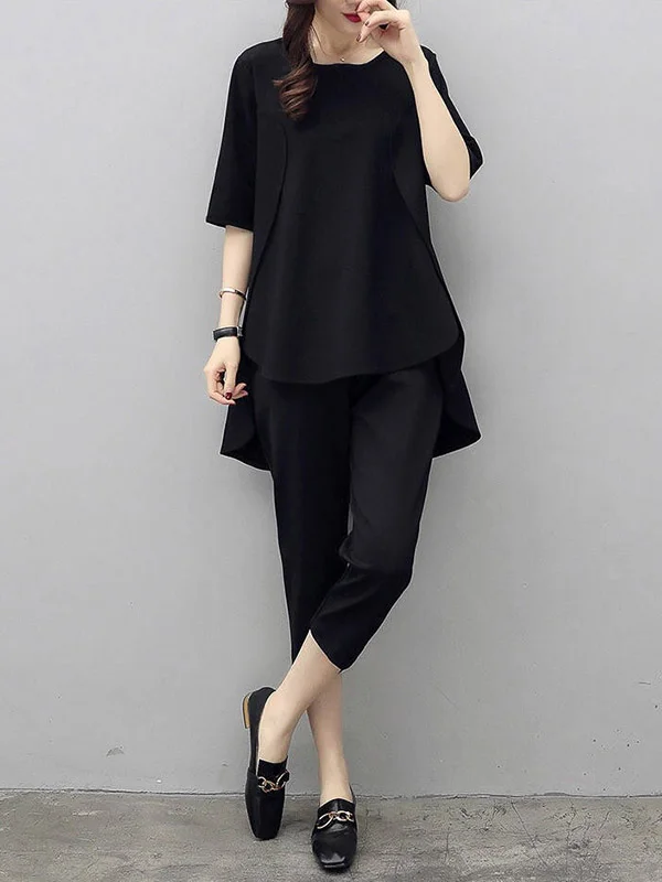 Green&Black Cropped High-Low Shirt&Pants Casual Suits