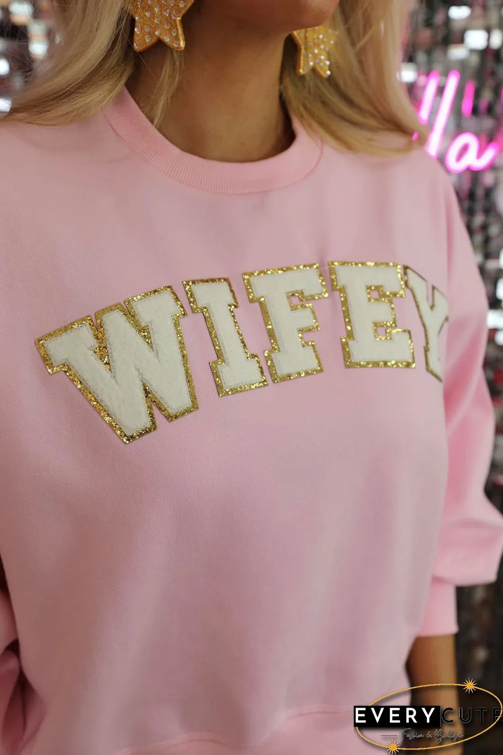 Pink WIFEY Graphic Crew Neck Pullover Sweatshirt