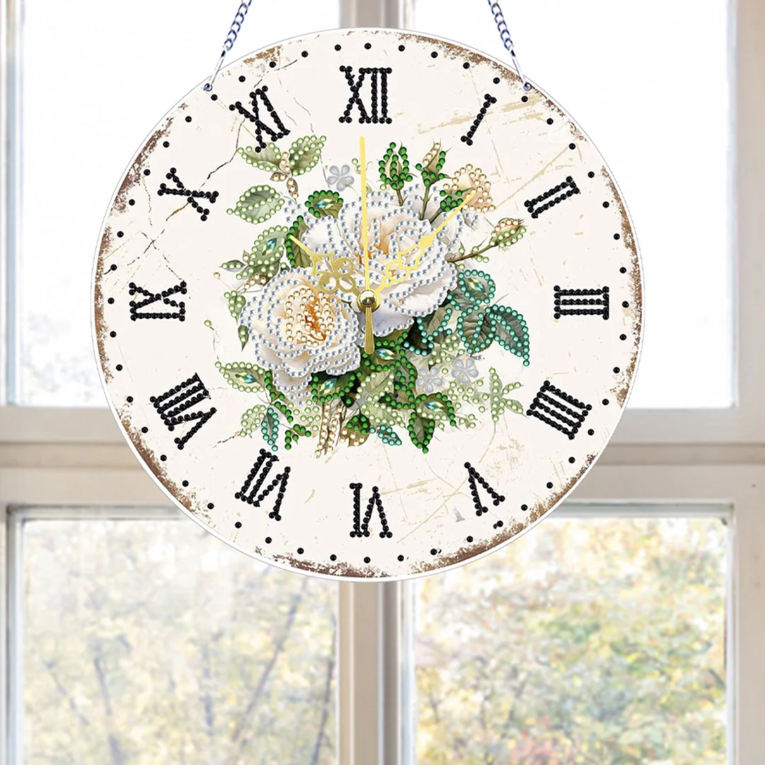 2D DIY Acrylic White Flower Diamond Painting Wall Clock Pendant w/Clock Function