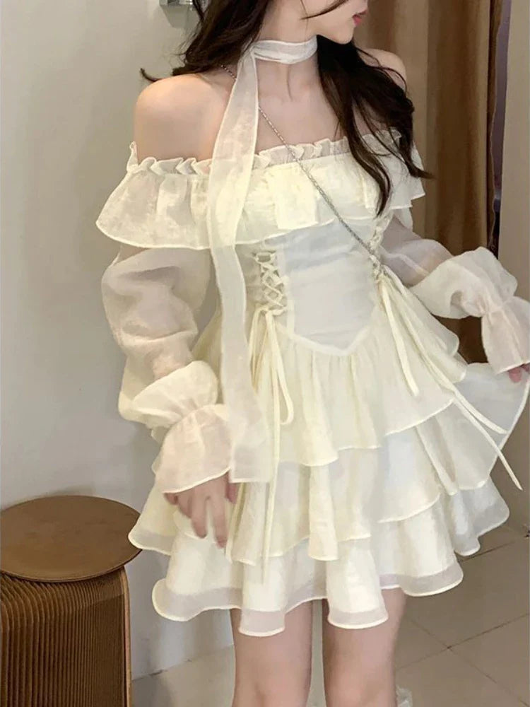 LANFUBEISI Long Sleeve Elegant Mini Dress Lolita Pure Color Short Party Dress Woman Casual Spring Sweet One Piece Dress Korean Fashion LANFUBEISI