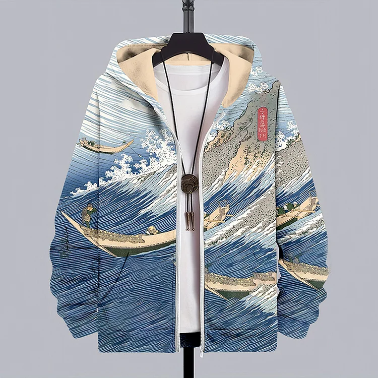 Men's Japanese Wave Art Print Zip Hoodie