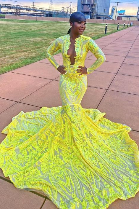 Dresseswow Yellow Deep V-Neck Long Sleeves Mermaid Prom Dress Sequins