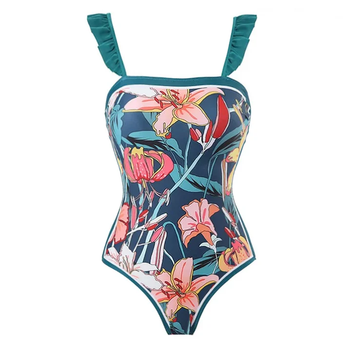 Ruffle Printed One Piece Swimsuit and Sarong Flaxmaker