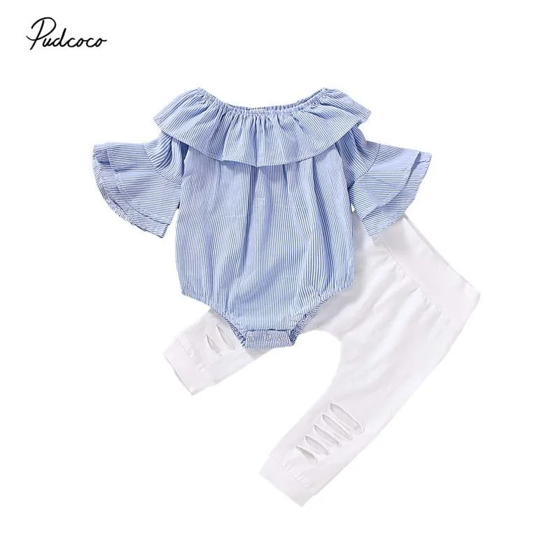 2019 Baby Spring Autumn Clothing Newborn Infant Baby Girl Long Flare Sleeve Ruffled Bodysuit Jumpsuit Hollow Pants Leggings