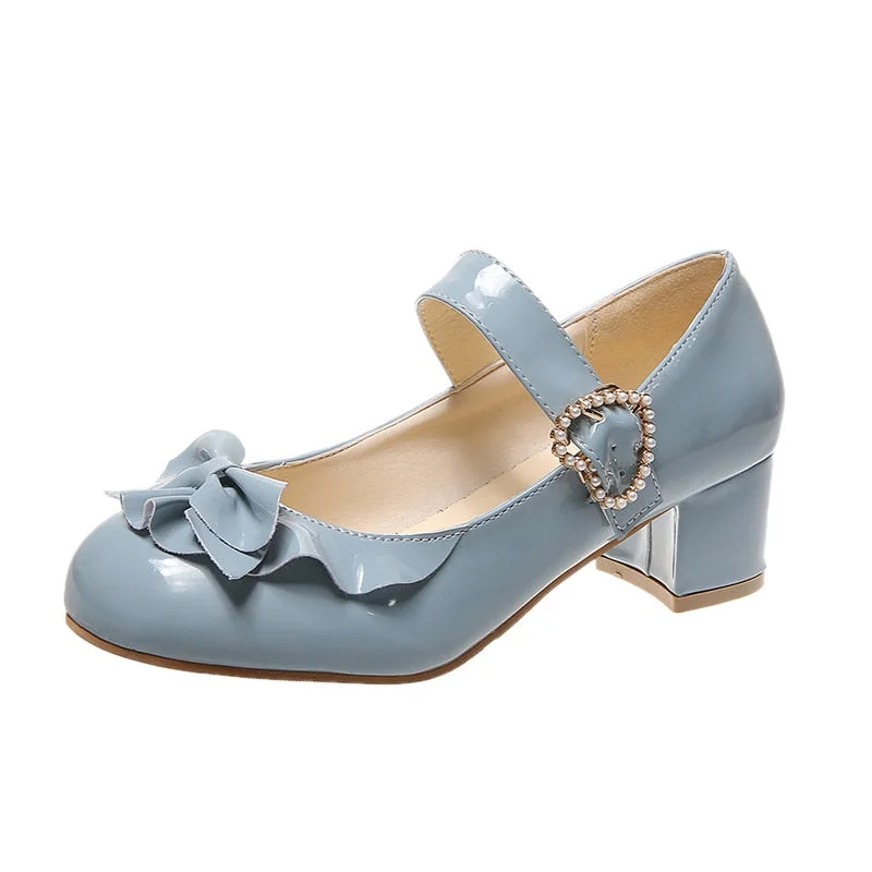 Kawaii Bowknot JK Uniform Lolita Shoes Woman Patent Leather Pearl Mary Jane Shoes For Women High Heels Ankle Strap Pumps