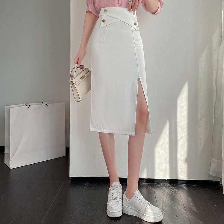 Chic High Waist Pure Color Split Skirt - Modakawa modakawa