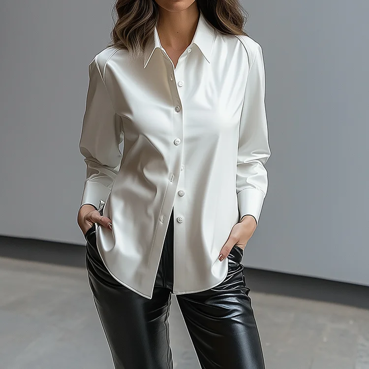 Ursime Solid PU Leather Button Long Sleeve Blouse