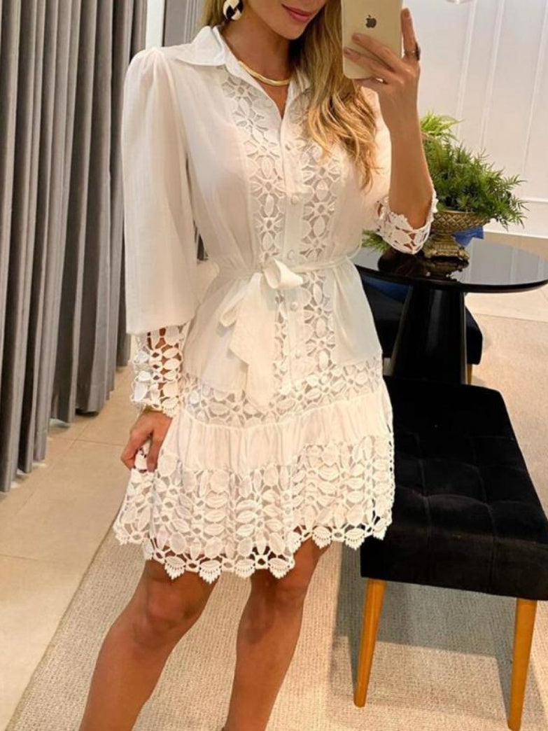 Women's Long Sleeve Shirt Collar Hollow Out Ruched Midi Dress