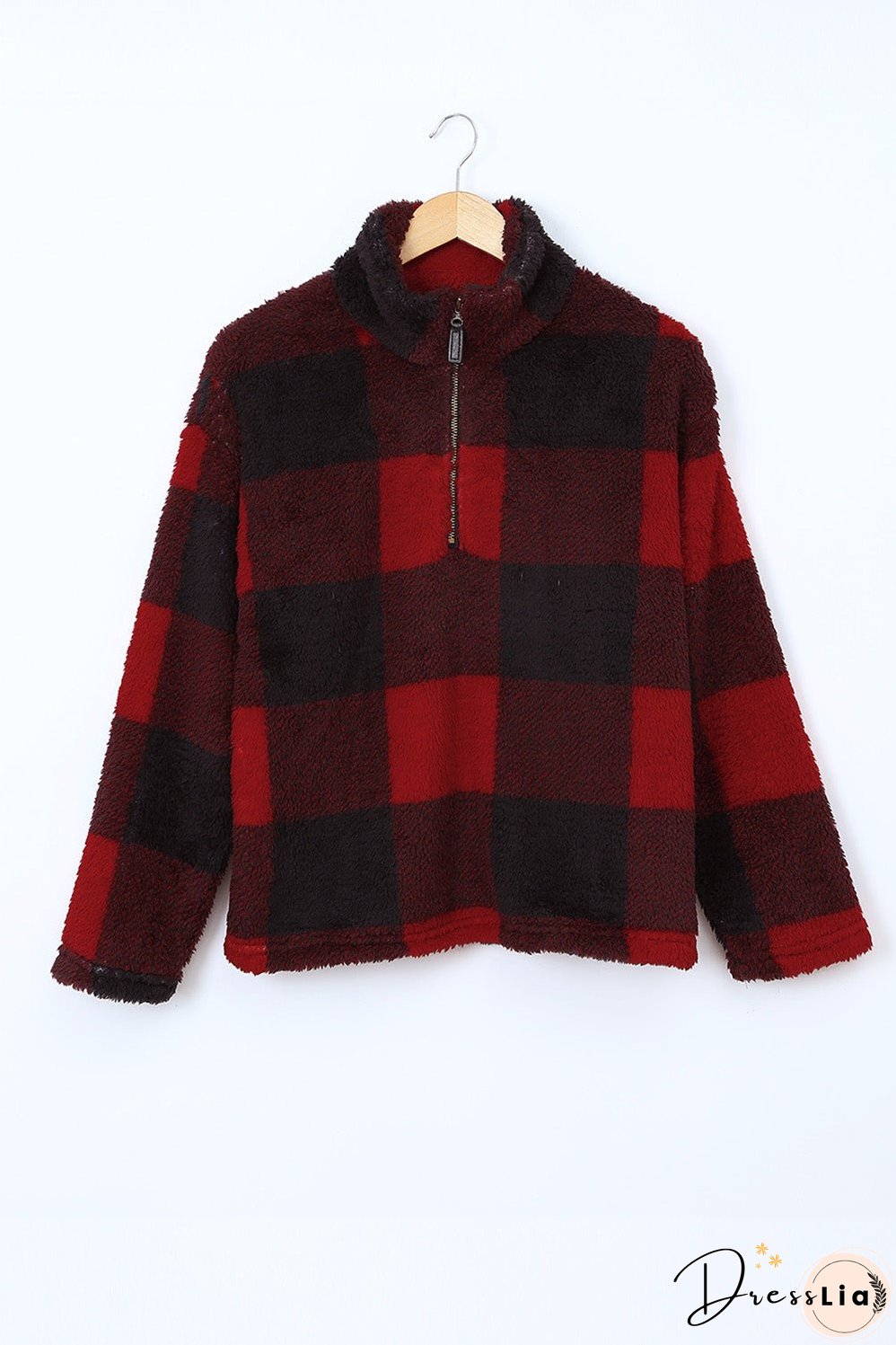 Women's Winter Red Plaid Zip Collar Plush Pullover Sweatshirt