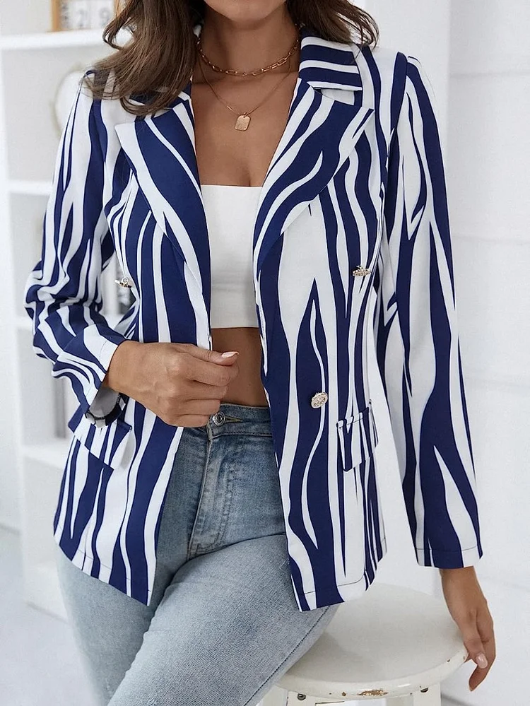 Zebra Stripe Double-Breasted Lapel Blazer Coat VangoghDress