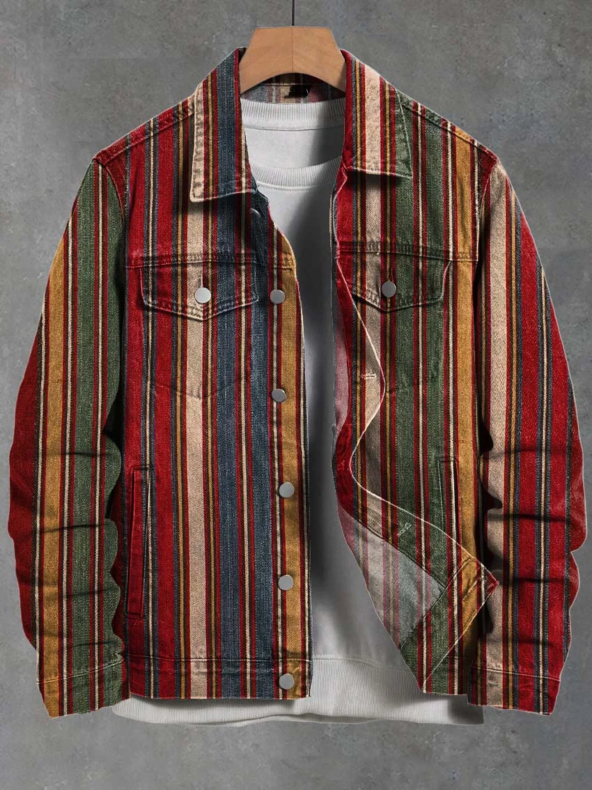 Vintage Ethnic Stripes Print Casual Denim Jacket