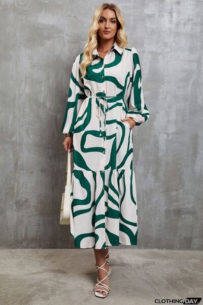 Tie-Waist Printed Button Up Dress