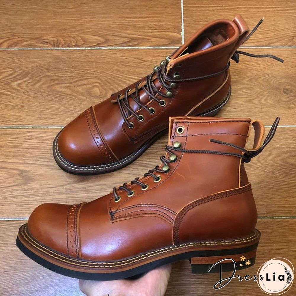 Genuine Genuine Leather Lace-Up Vintage High Quality Tooling White Ankle Boots Motorcycle Boots