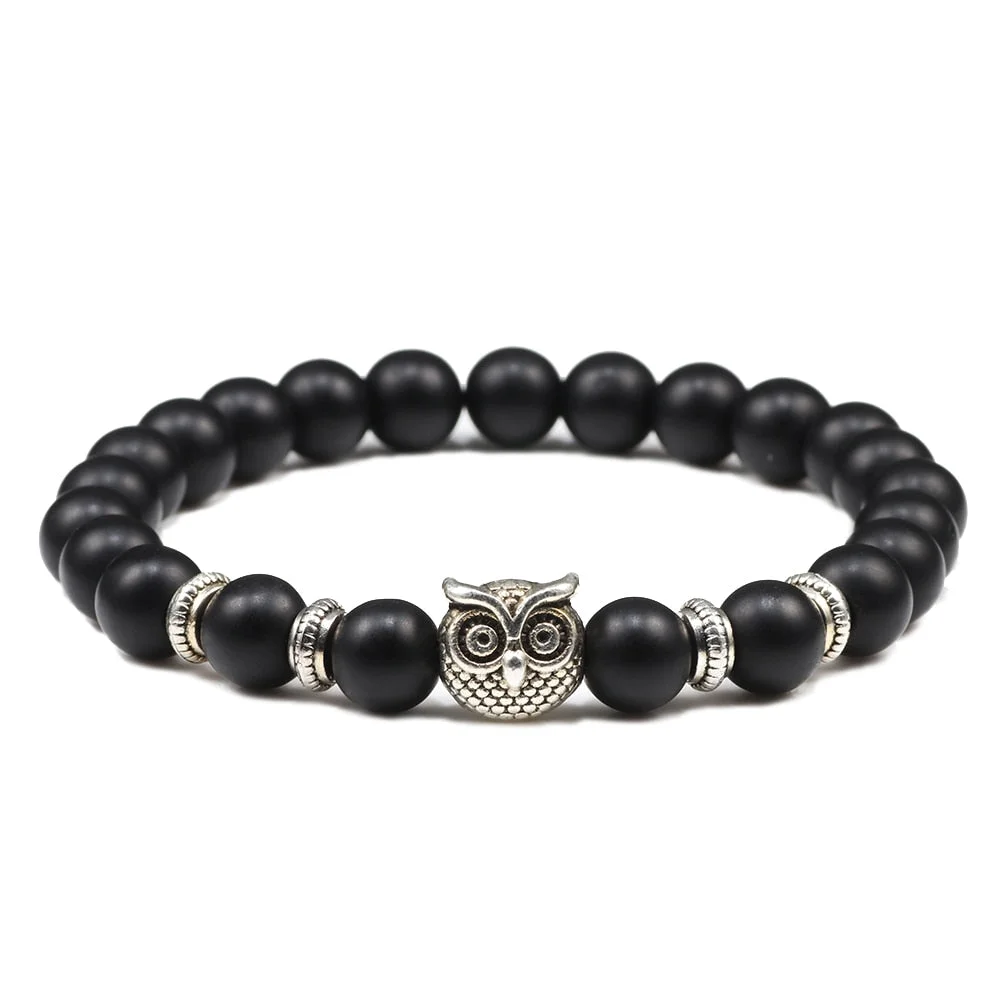 Christmas Gift Black Lava Tiger Eye Weathered Stone Bracelets Bangles Classic Owl Beaded Natural Charm Bracelet for Women and Men Yoga Jewelry