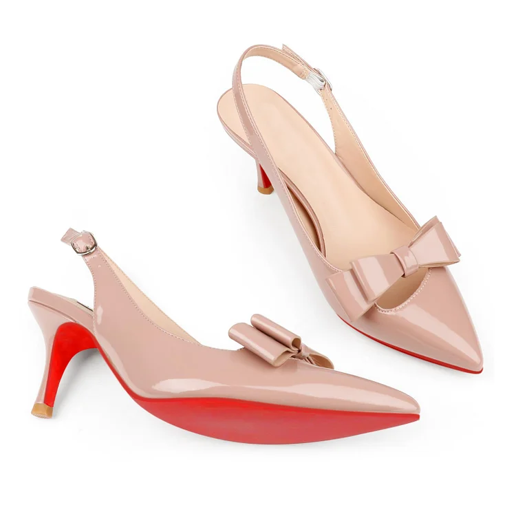 65mm Women's Kitten Heels Pumps Pointed Toe Double Bows Slingback Red Bottoms Sandals Vocosi VOCOSI