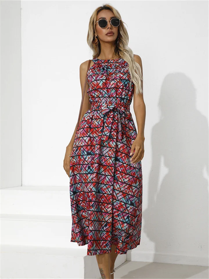 Fashion Women's Summer Round Neck Print Large Hem Type Ties Pullover Waist Mid-waist Sleeveless Comfortable Casual Dress