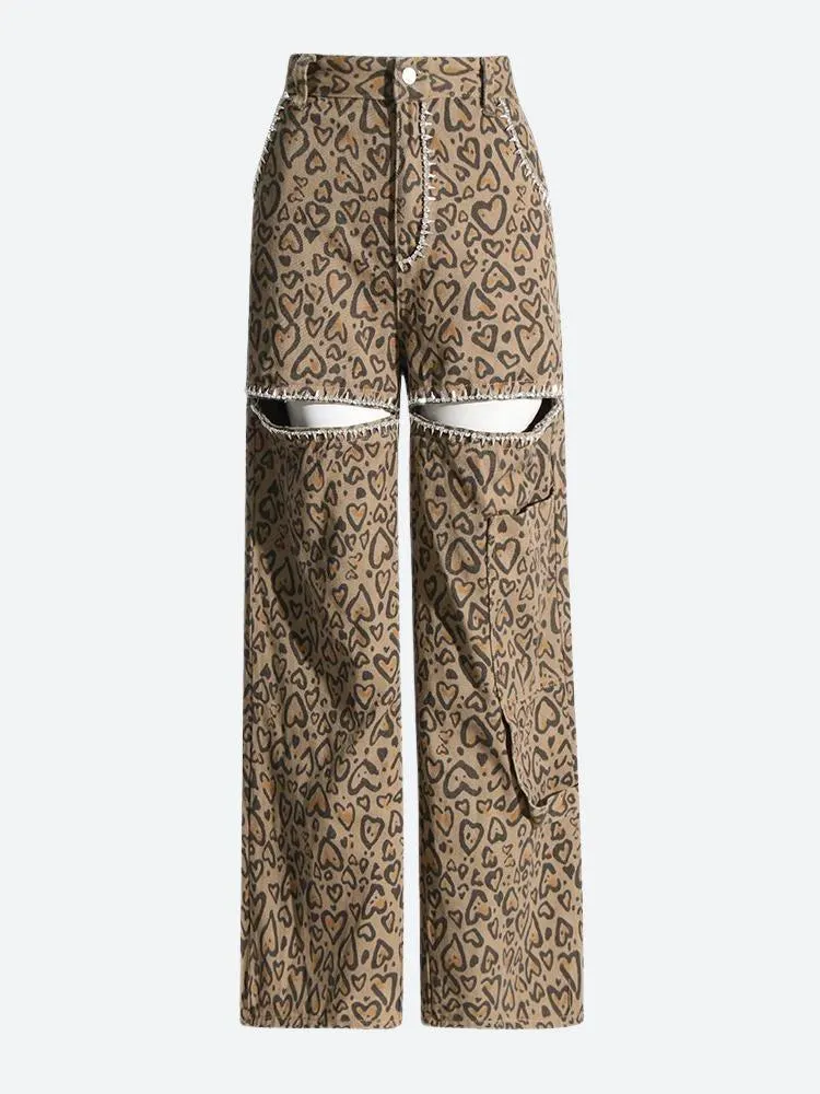 Brownm Leopard Embellished Cut Out Pants