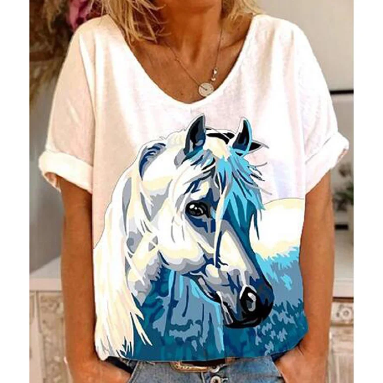 Women's Horse Head Printed Short Sleeved V-neck T-shirt