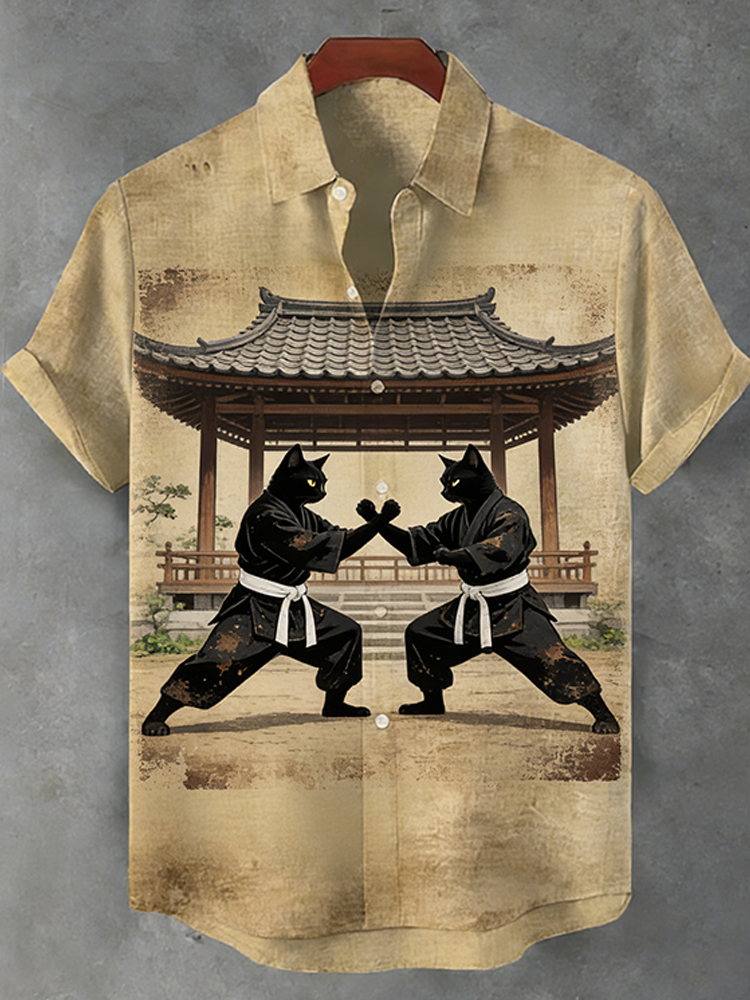 Men's Cat Print Short Sleeve Shirt  artssus